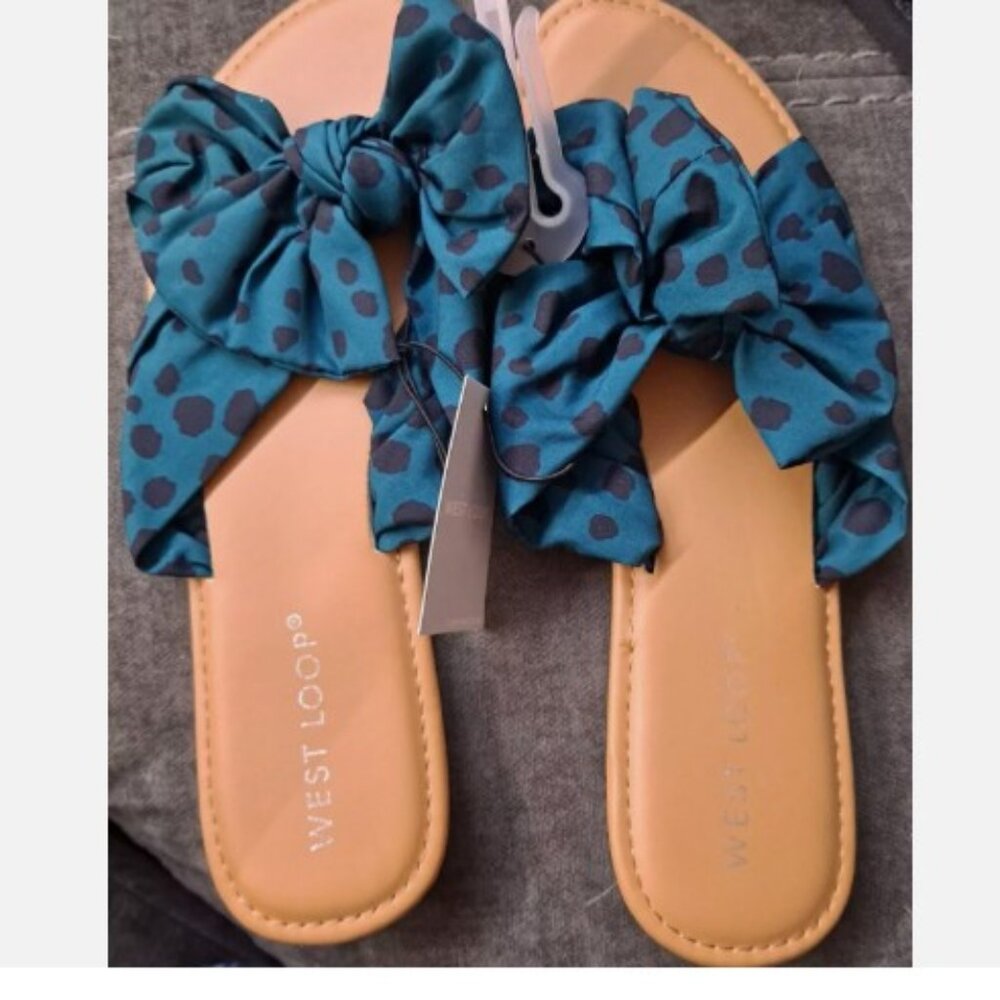 West Loop Women's Sandals Slides Cushioned Insole Green Polka Dot Bow